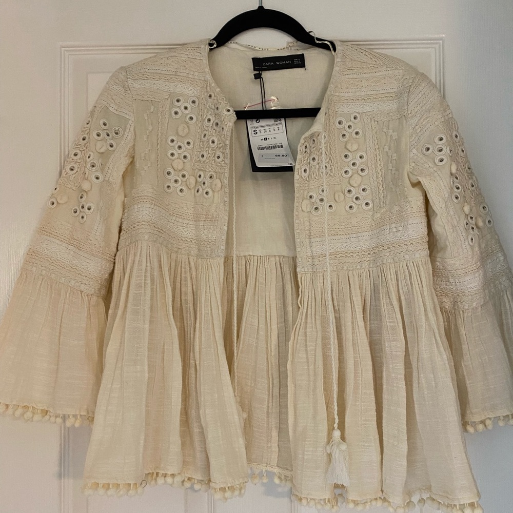 Zara cream tassel boho jacket size small NWT